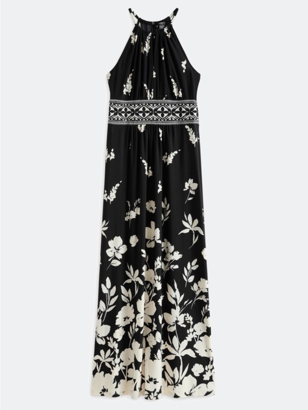 NWT Maggy London Petite Black White Floral Halter Maxi Dress 14P